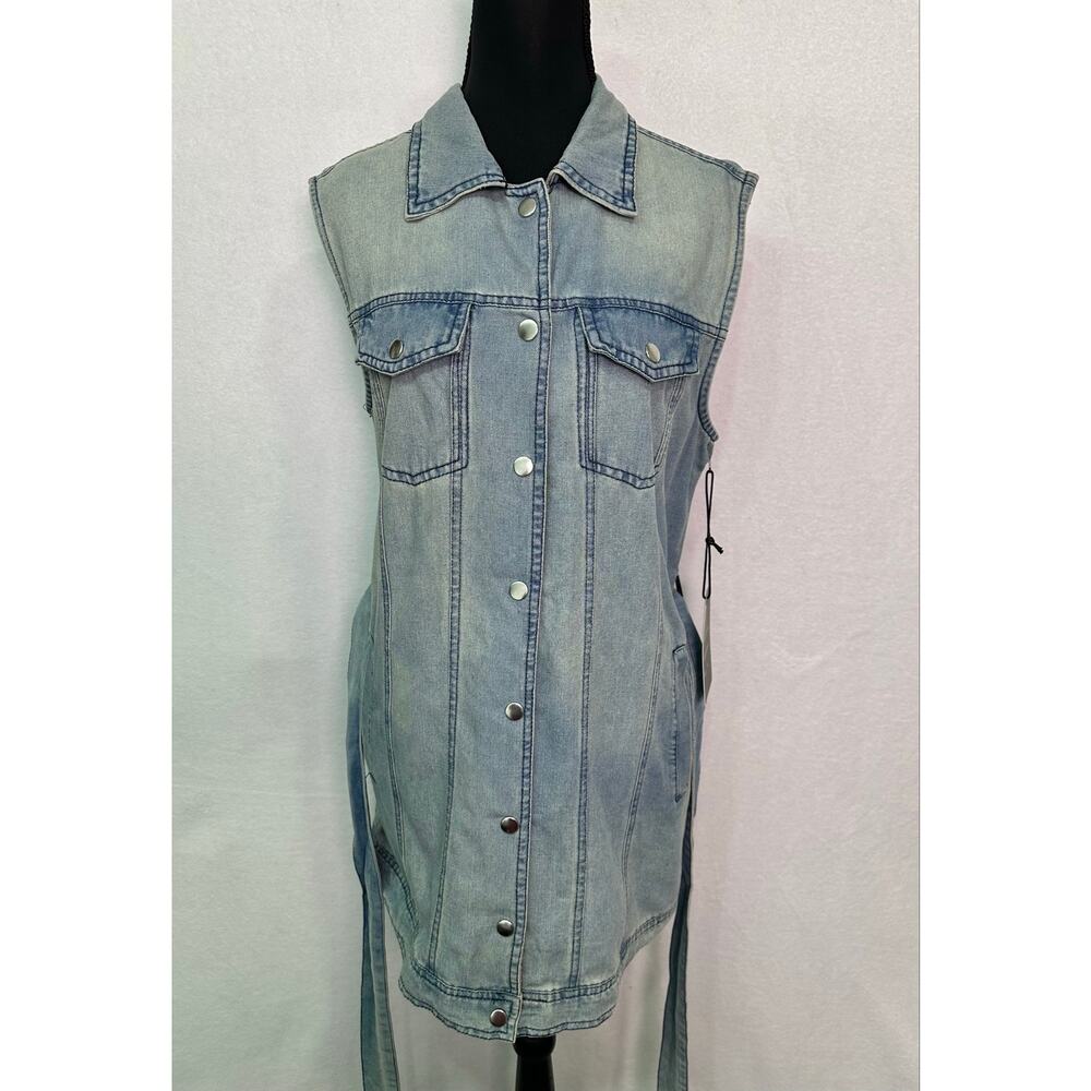 NWT Cavalini Light Wash Denim Sleeveless Belted Denim Shirt Dress Size Medium - Picture 5 of 11